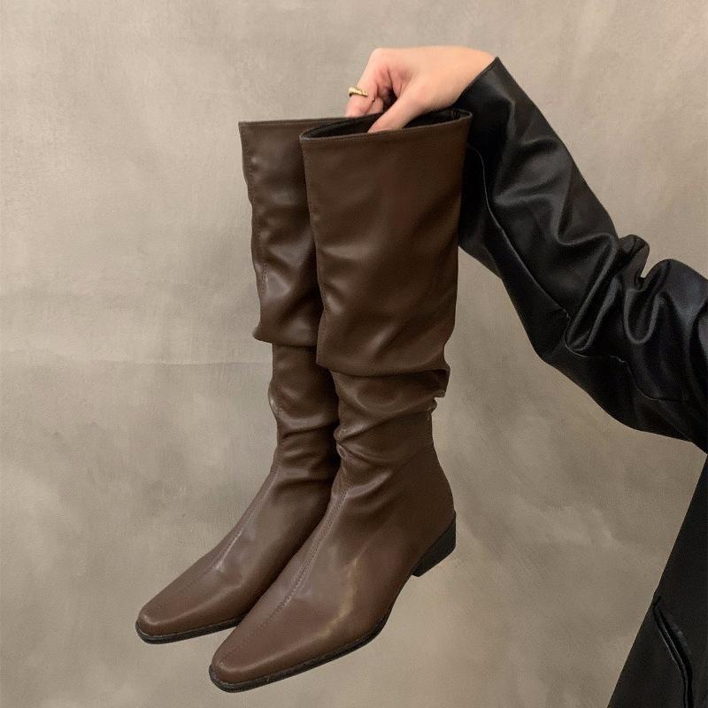 Women's Knee High Boots Sexy Pointed Toe Stiletto Heel Leather Boots Pleated Stack Long Tube Boots Slim Knight Boot Botas Mujer