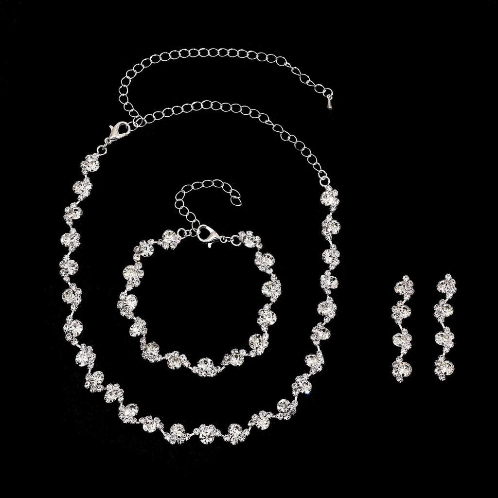 Elegant Sparkle Fashion Necklace, Earrings & Bracelet Set for Brides - Women's Rhinestone Jewelry 3-Piece Collection.