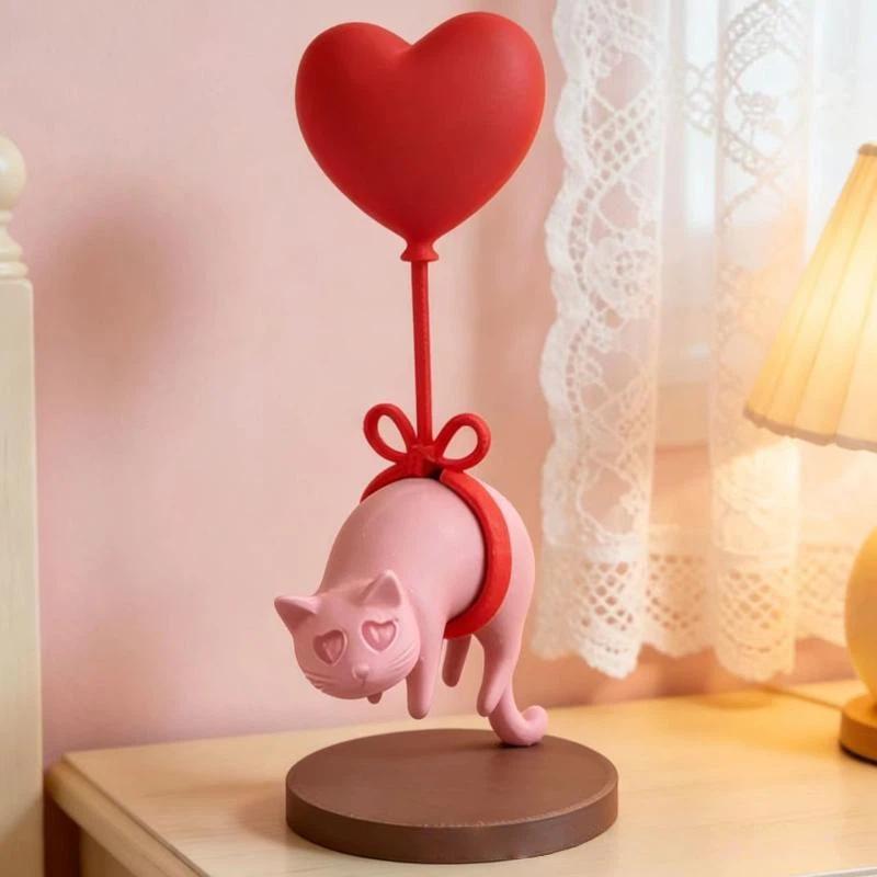 Cute Cat Figurine with Heart Balloon & Bow, Kawaii Resin Craft for Bedroom Desktop Birthday Gift for Cat Lovers