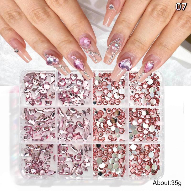 12 Grids Flat Bottom Mixed Nail Diamond 12 Color Nail Rhinestone Shiny Colorful Nail Gems Glass Stones Nail Charm