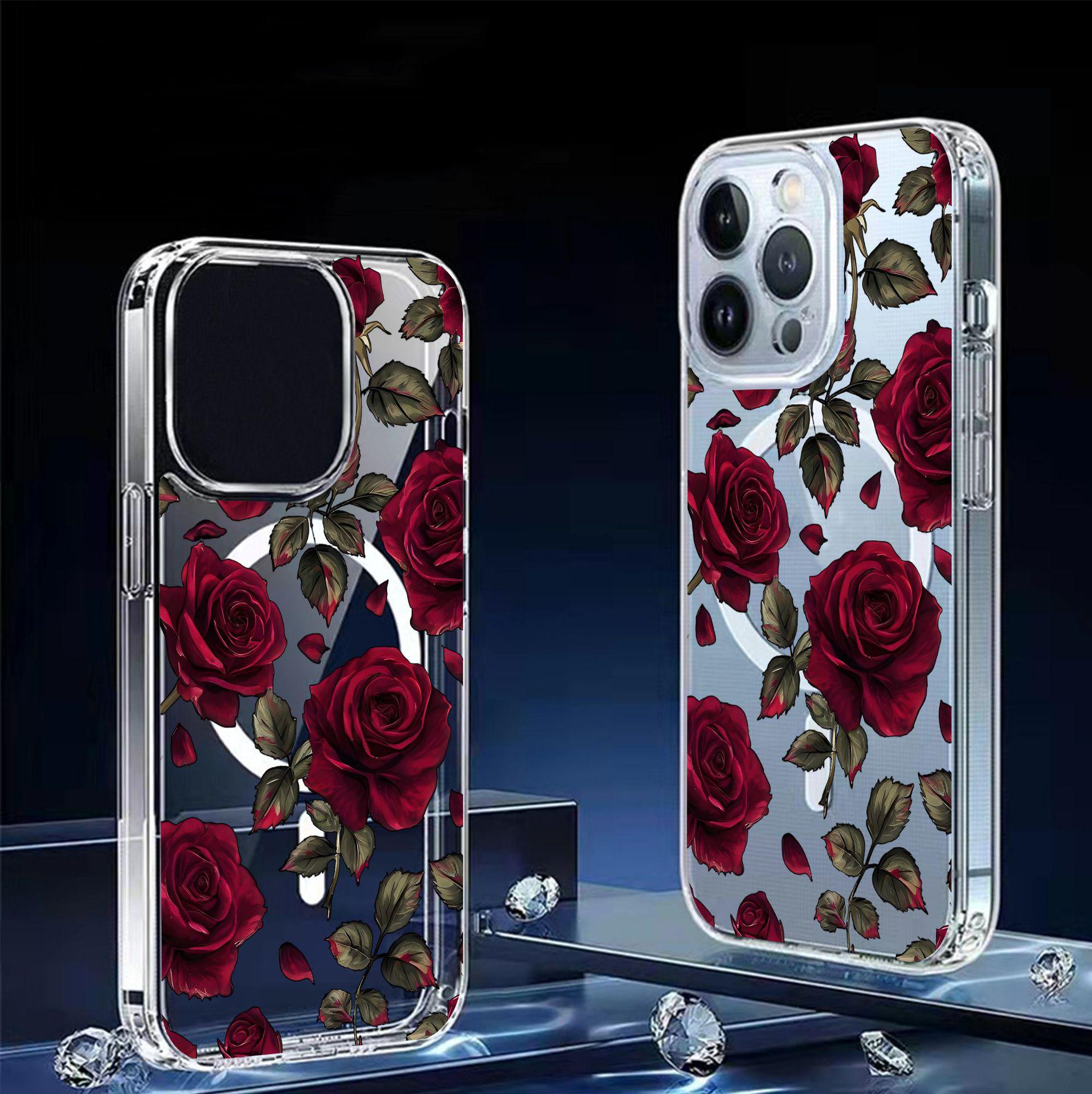 

Red Rose Magnetic Transparent Case for iPhone 15/16/17 Pro Max - Full Coverage Protection iPhone 15 Plus прозорий