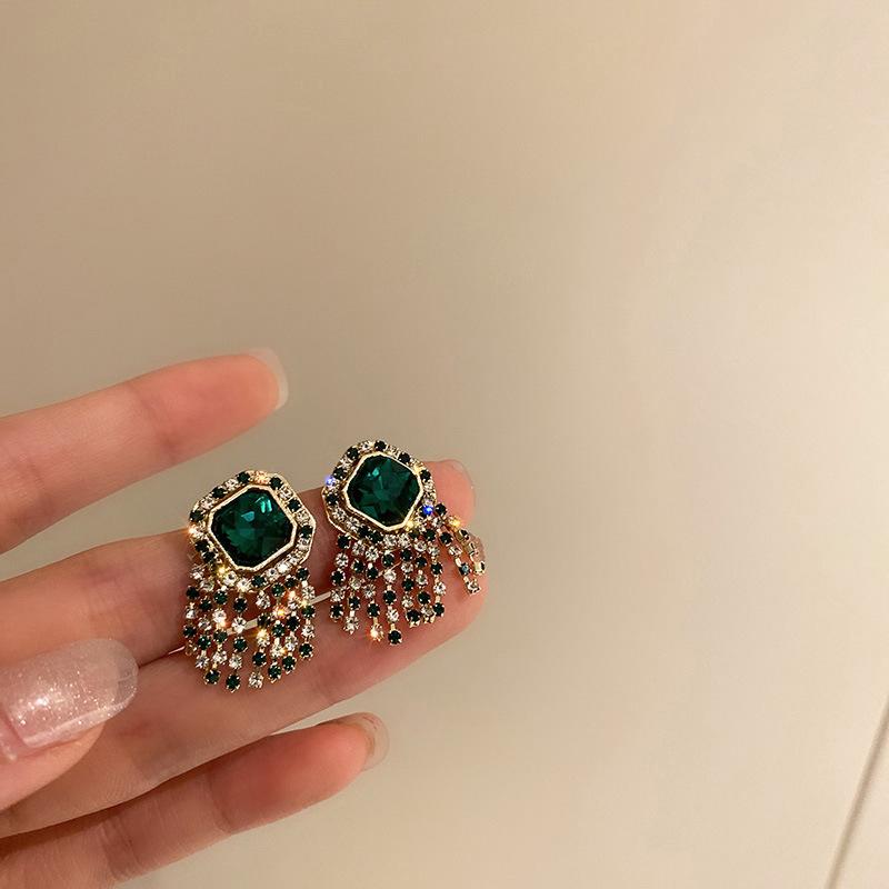 Advanced Temperament Elegant Rhinestones Eearrings for Women's Jewelry Accessories Gifts Silver Needle Medieval Green lGeometric Square Design Arrings