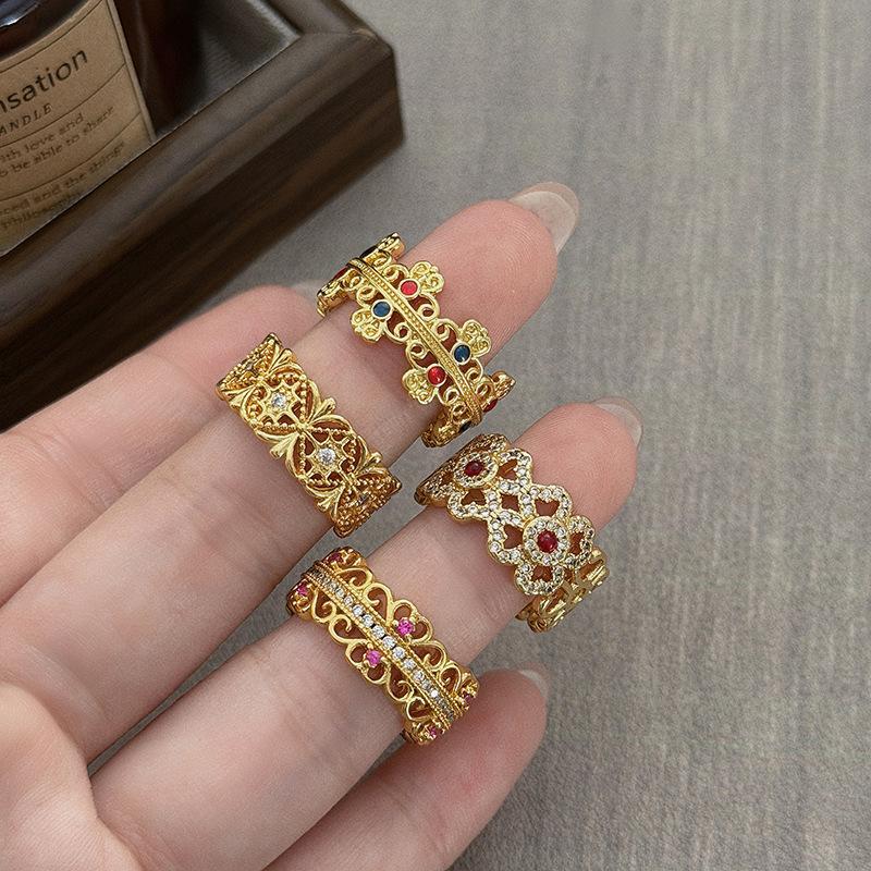 Mittelalterlich Vintage Hofstil Retro Gold Hohl Farbig Schatz Mit Diamanten Zir*****Stift Ring Stapelring Frau