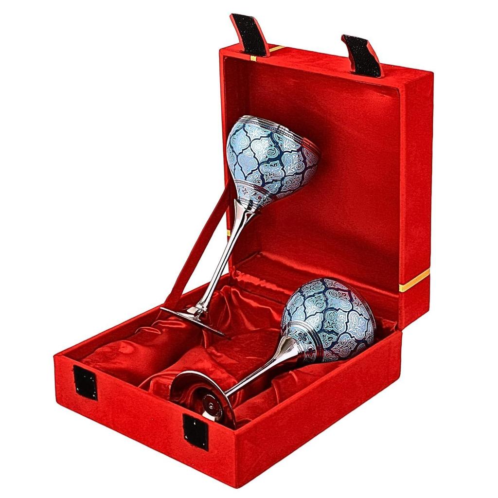 Glasses, Metal Goblet, Champagne Flutes, Diwali, Wedding Anniversary Gift for Couple Marriage, Corporate Clients - Set of 2, Blue Saucer Design