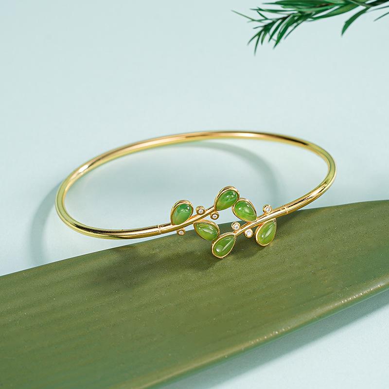 Tichiya S925 Sterling Silver Jade Leaf Bracelet - Chinese Style Gold Branch Design for Women 925 Sterling Silver