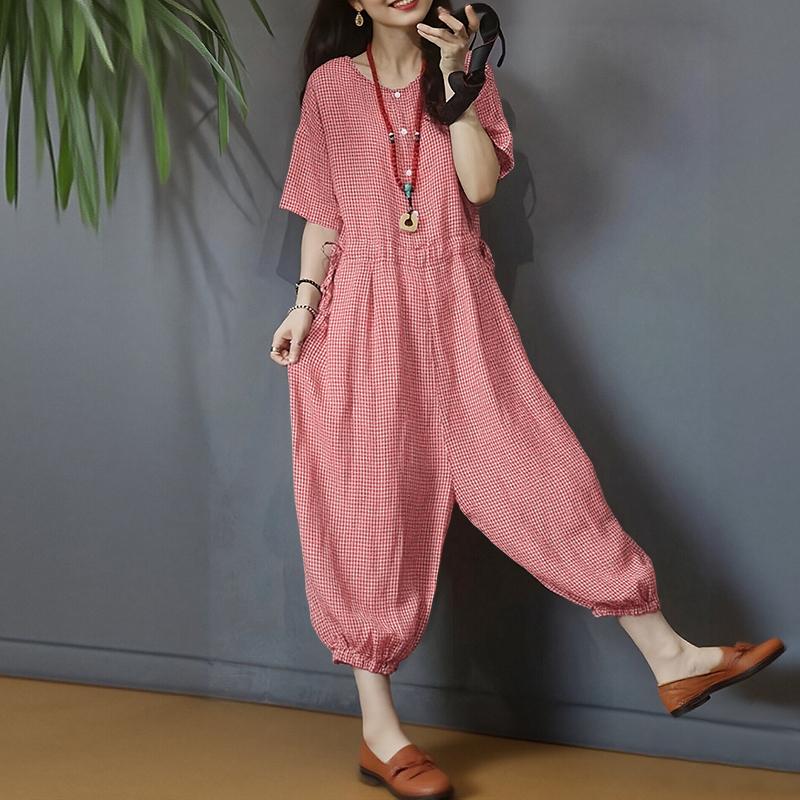 ZANZEA Women Casual Round Neck Short Sleeve Loose Grid Print Jumpsuits