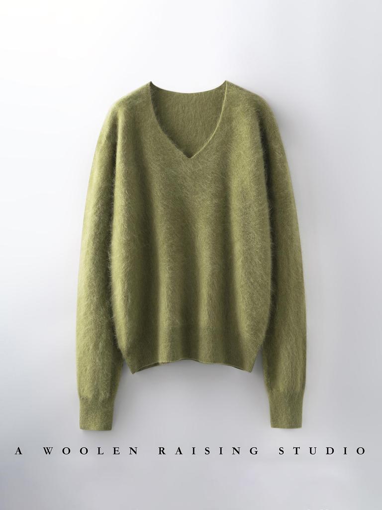 V-Neck Wool Cashmere Loose Brushed Sweater - Solid Color, Versatile, and Skin-Friendly Knitwear