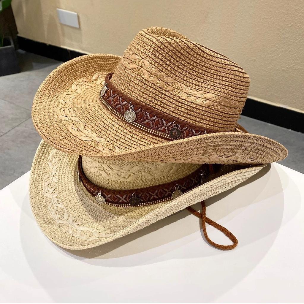 Ethnic style iron sheet decorative straw weaving western cowboy hat women's outdoor UV protection holiday sunshade sun climbing hat