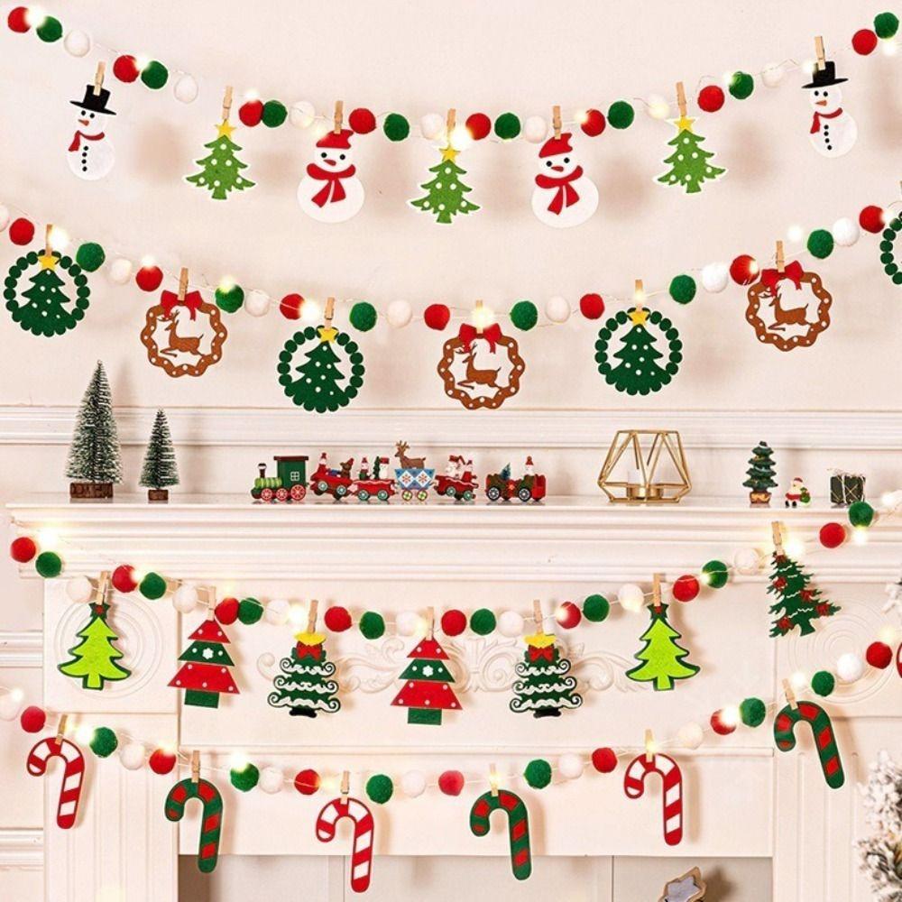 Festive Lights Felt Christmas Banner Decorated DIY Handmade Christmas Pendant Furry Balls LED String Light Home Room