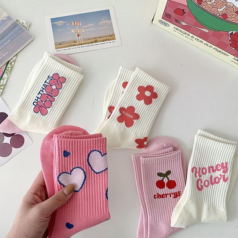 Pink Flower Women Socks  Cute Sweet Harajuku Cotton Socks Casual Korea Japanese Kawaii Girls Calcetines