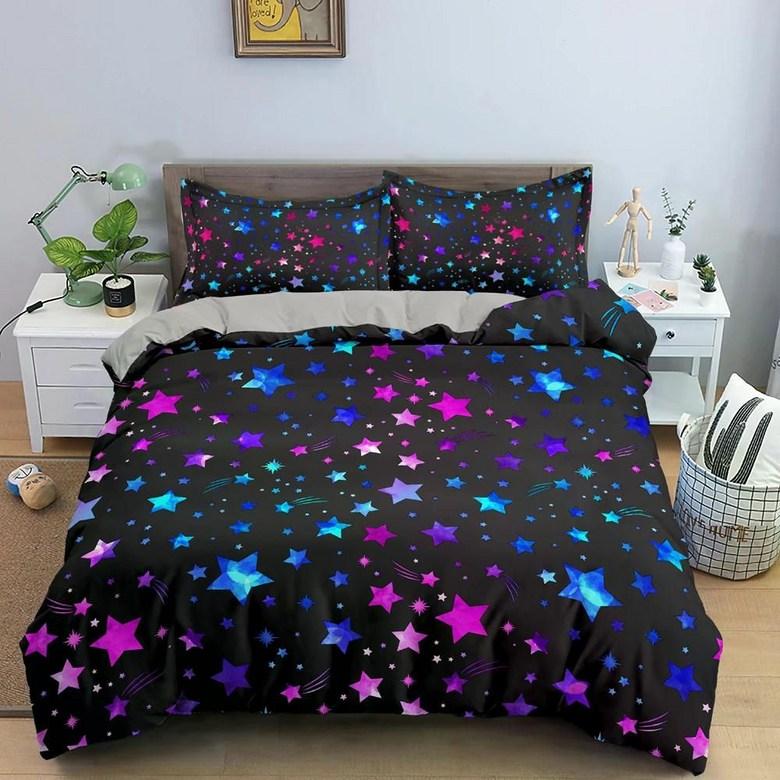 Kawaii Glitter Stars Duvet Cover Twin Queen Psychedelic Space Cosmos Starry Sky Comforter Cover Colorful Star Galaxy Bedding Set