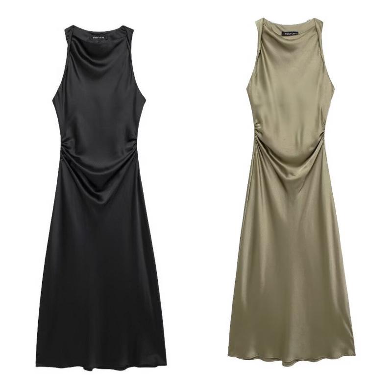 European & American Silk Satin Sleeveless Midi Dress for Women - Summer Collection