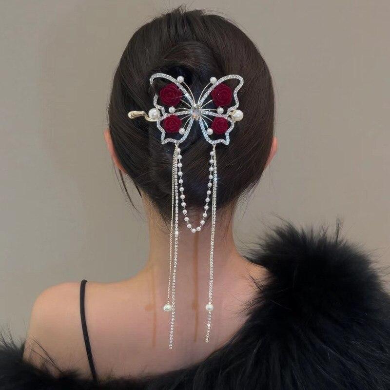 Rhinestone Butterfly Metal Hair Claw For Women Hairpins Vintage Crystal Pearl Pendant Hair Clips Female Hair Jewelry Accessories