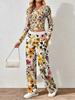 Floral pattern printed women's V-neck long-sleeved trousers set Comfortable casual versatile slim two-piece set