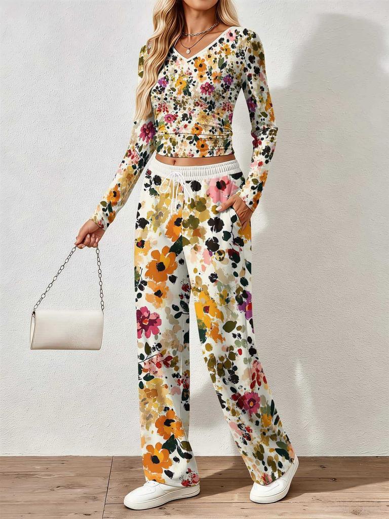 Floral pattern printed women's V-neck long-sleeved trousers set Comfortable casual versatile slim two-piece set