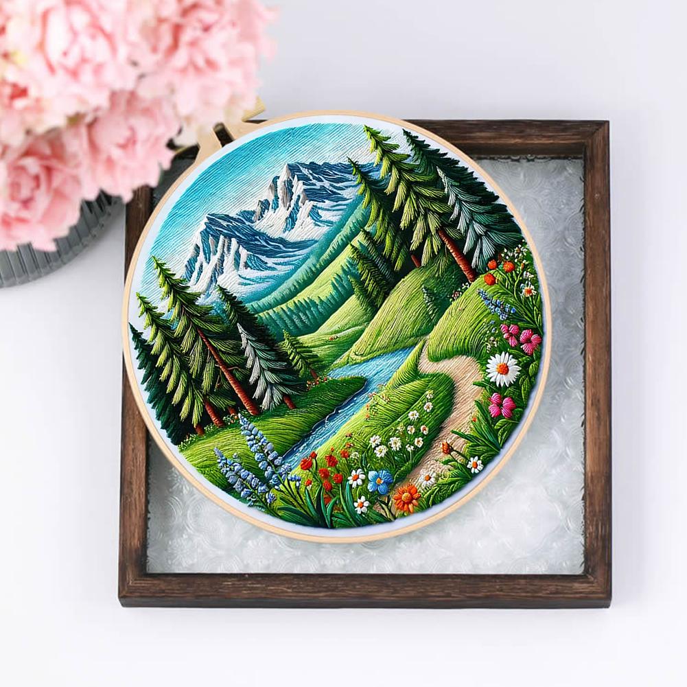 Landscape Stamped Cross Stitch Embroidery Kits with Hoop Cloth Color Thread