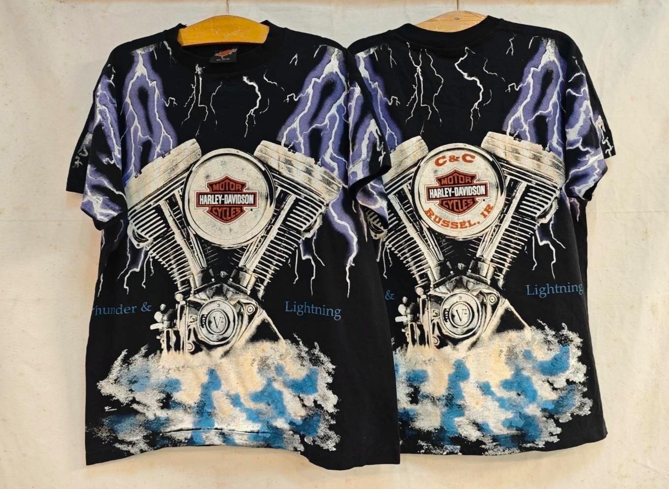 Vintage HARLEY DAVIDSON AOP Thunder & Lightning All Over Print (L) Shirt REPRINT Unisex T-Shirt L