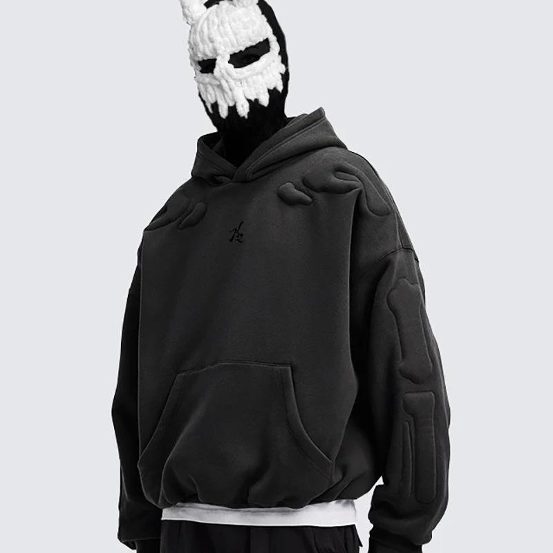 Skeleton three-dimensional embroidered hooded sweater American high street jacket autumn couple hoodie men and women street S чёрный