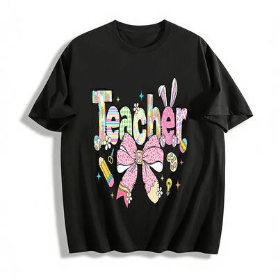 Easter Themed Teacher Print Casual Top Cute Fun Holiday Wear Pure Cotton T-shirt