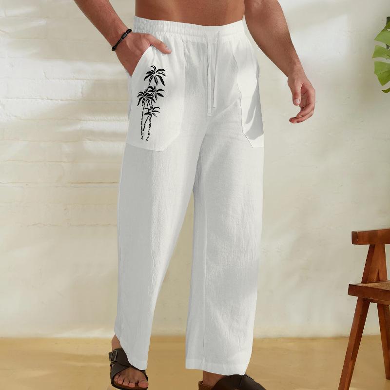 Men's Cotton Linen Thin Section Casual Trousers Straight Loose Printed Trousers Men's Summer Models