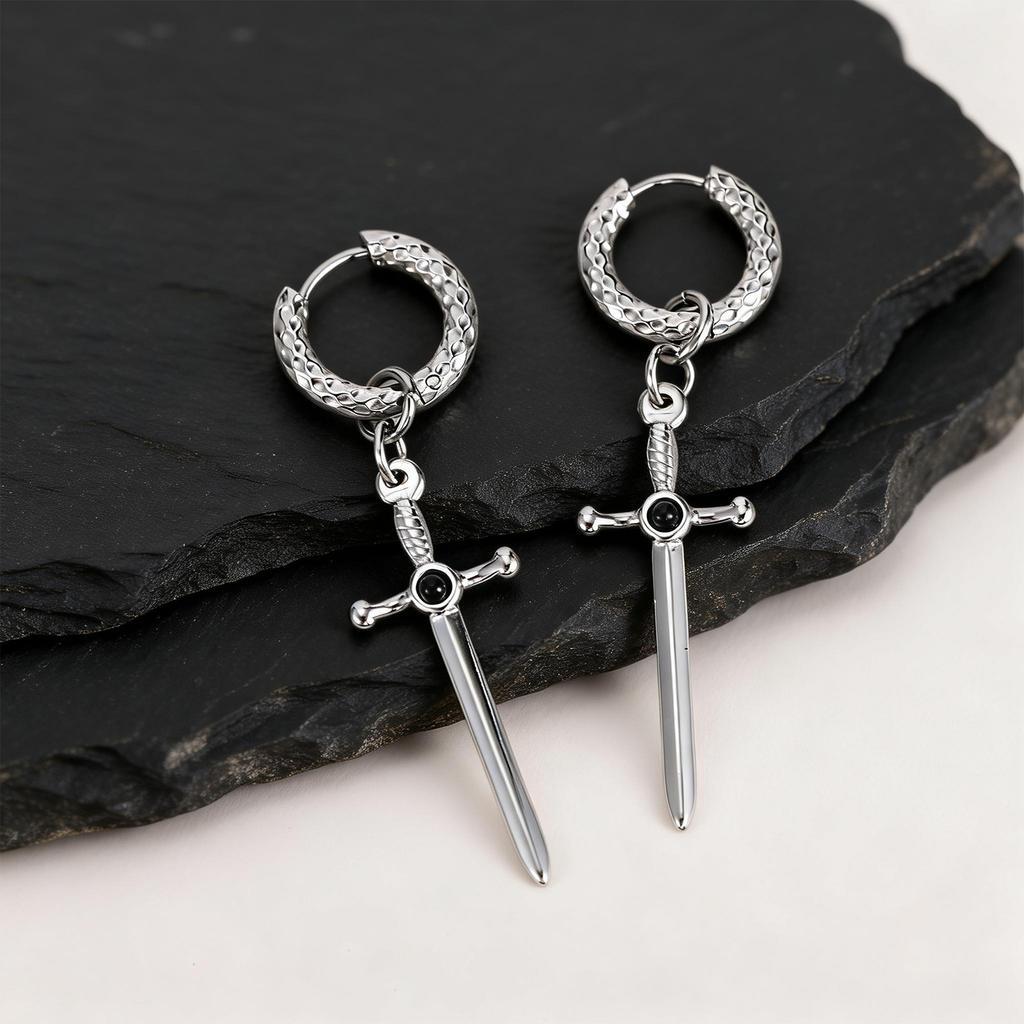 Vnox Stainless Steel Black Onyx Sword Huggie Hoop Earrings Punk Rock Dangle Earring for Men Women Couples Trendy Gothic Jewelry