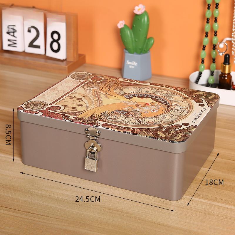 Iron Box with Lock and Key Desktop Storage Box Retro Tinplate Cosmetics ID Storage Household Jewelry Storage Empty Box