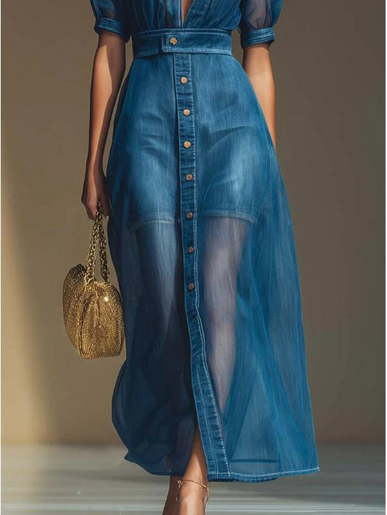 Utsökt V-ringad Kortärmad Jacka & Organza Blå Denim Lång Kjoldräkt