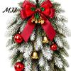 Faux Botanicals for Office Table Teardrop Swag with Red Bow Bells Ornaments, Frosted Artificial Pine Hanging Fake Floral Arrangements Home Decor