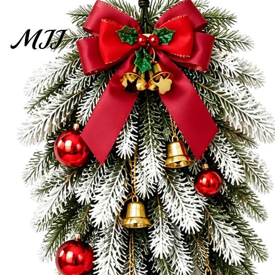Faux Botanicals for Office Table Teardrop Swag with Red Bow Bells Ornaments, Frosted Artificial Pine Hanging Fake Floral Arrangements Home Decor