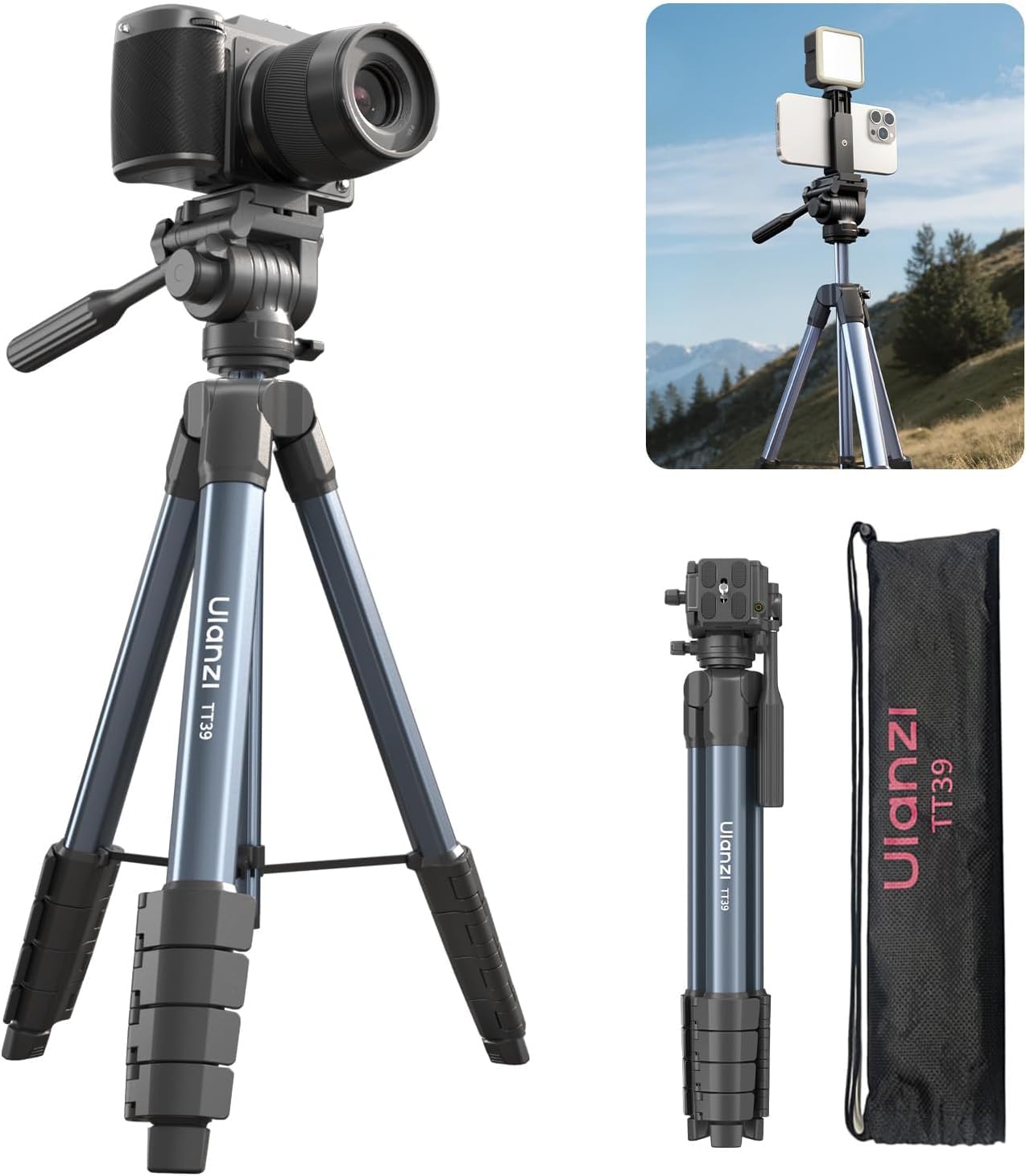 

Ulanzi TT39 Travel Tripod with Smartphone Compatible with Smartphones and 155cm Fluid Panoramic Stable Tripod Compatible with and 3kg Weight Compact