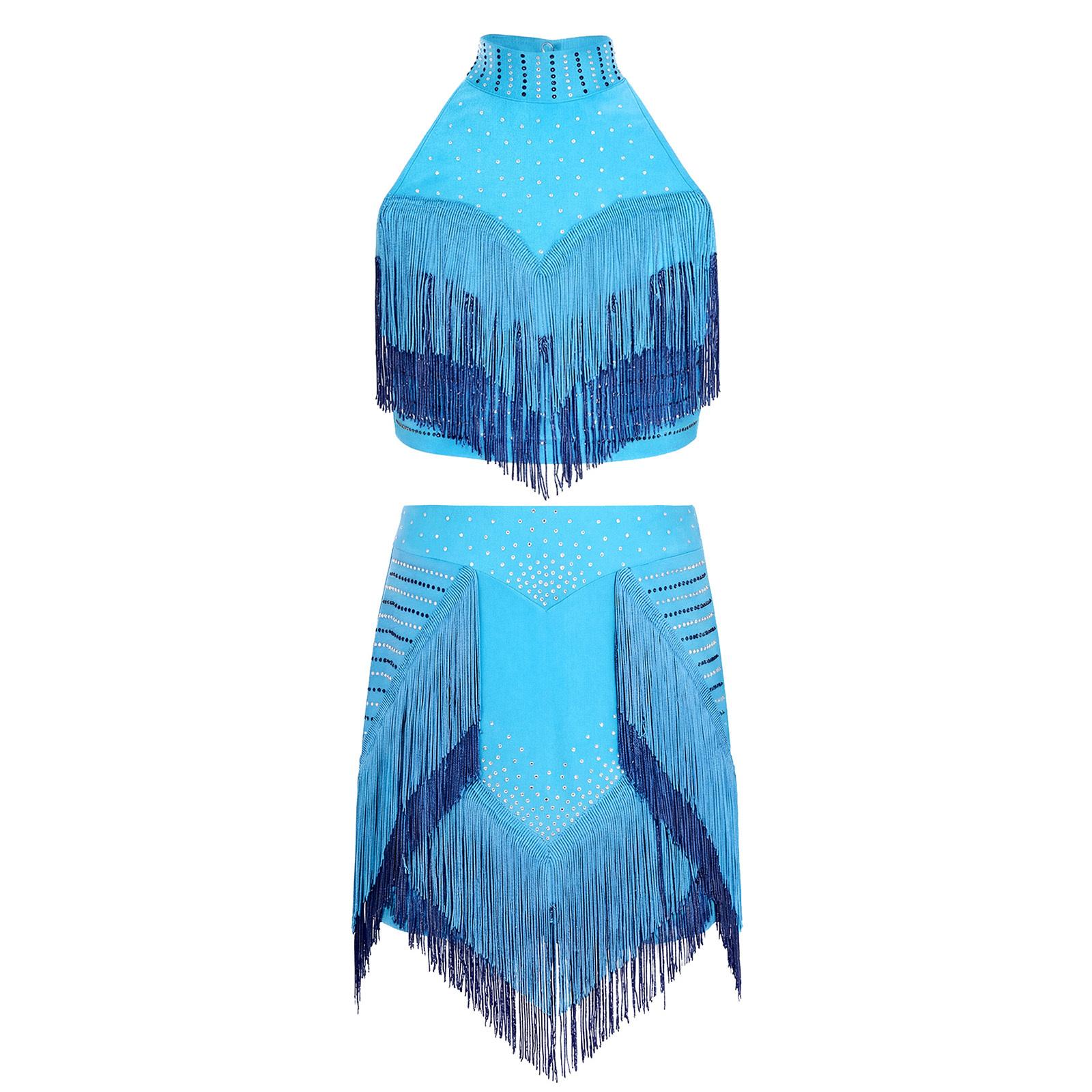 

Girls Sparkly Tassel Crop Top Halter Sleeveless Backless Design Built-in Shorts Skirt Latin Competition Set 5-6 Years світло-синій колір
