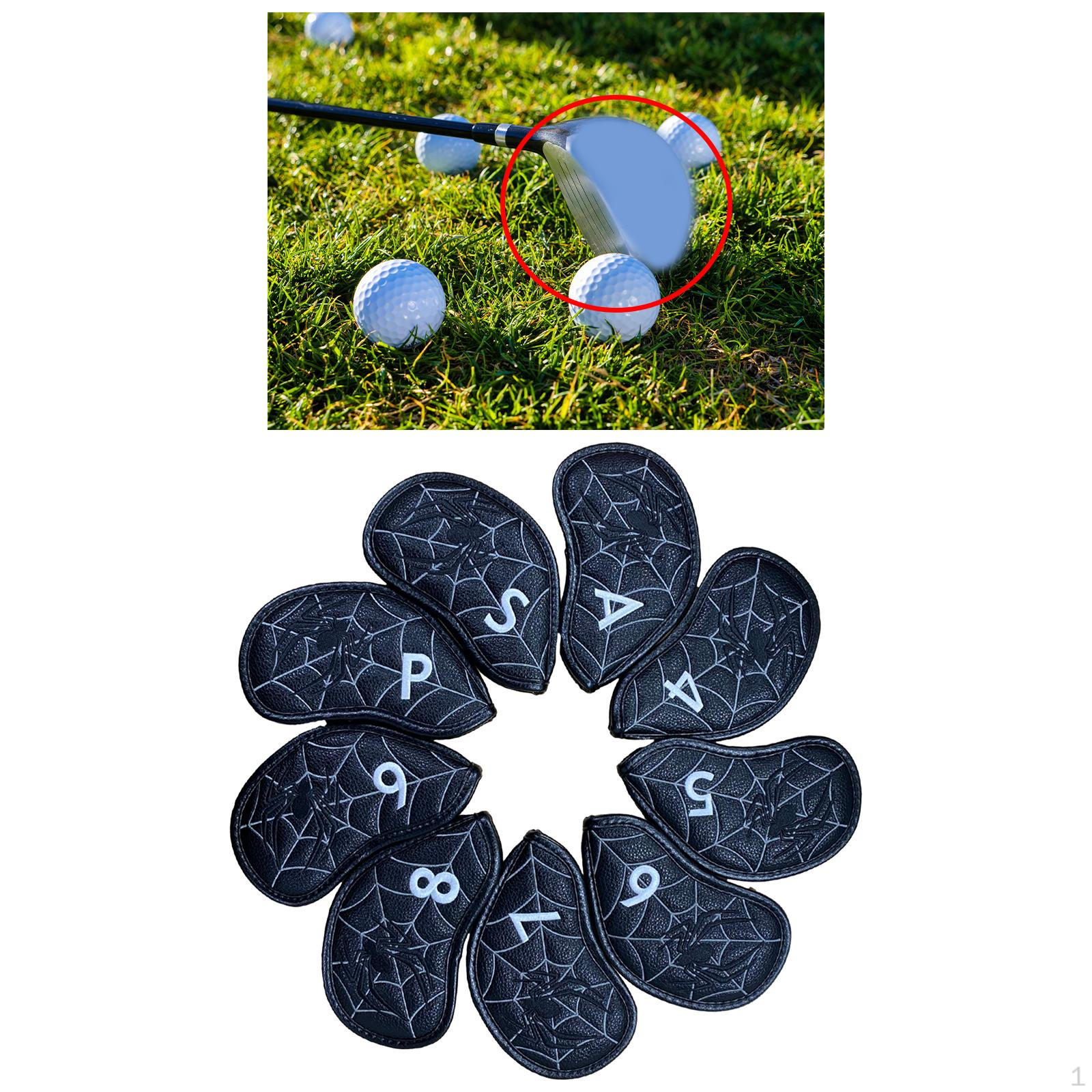 9 Pieces Golf Iron Club Head Covers Wedge Set Spider Pattern PU Lightweight Waterproof