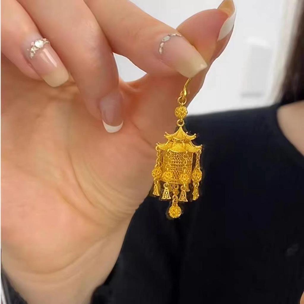 Gold-Plated Hanfu Wedding Lantern Dangle Earrings - New Chinese Style Cheongsam Studs