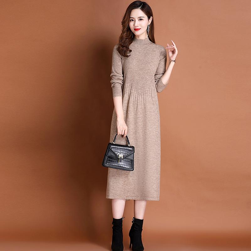 Solid-color Sweater Dress for Women's Autumn and Winter Casual Half Turtleneck Sweater A-line Dress