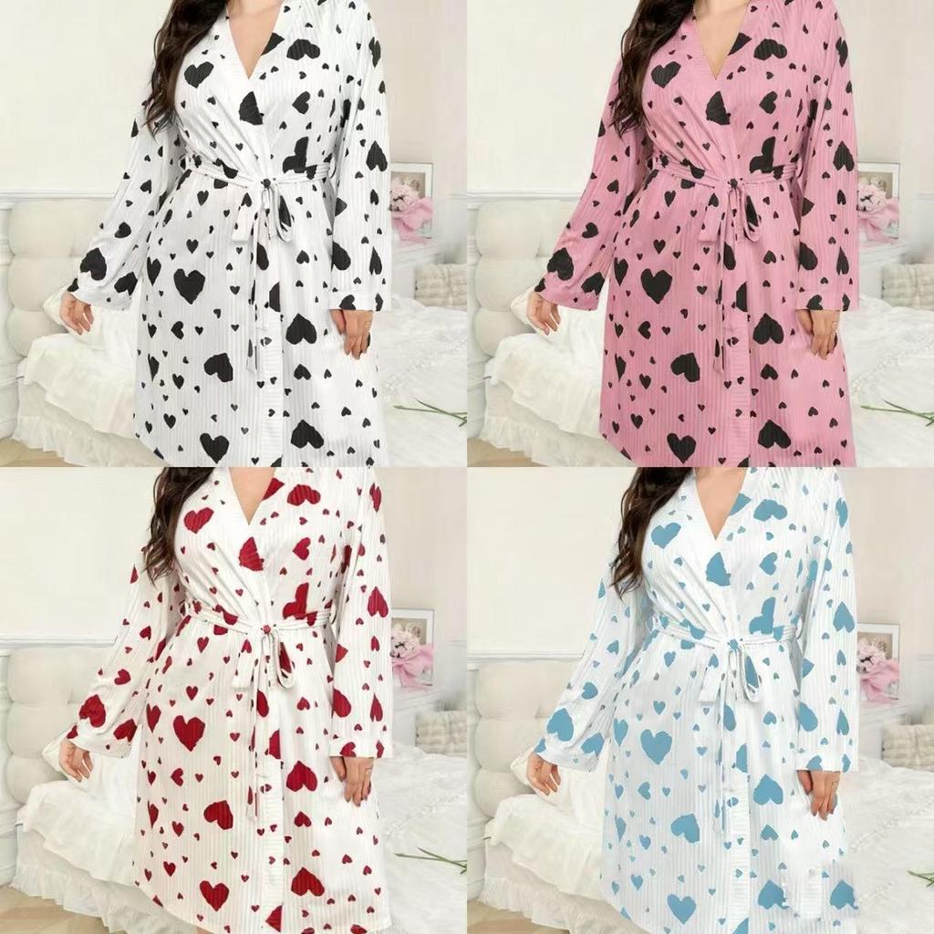 Euro-American Plus Size Summer Ribbed Knit Heart Tie-up Outdoor Pajamas Women's Comfortable Morning Robe