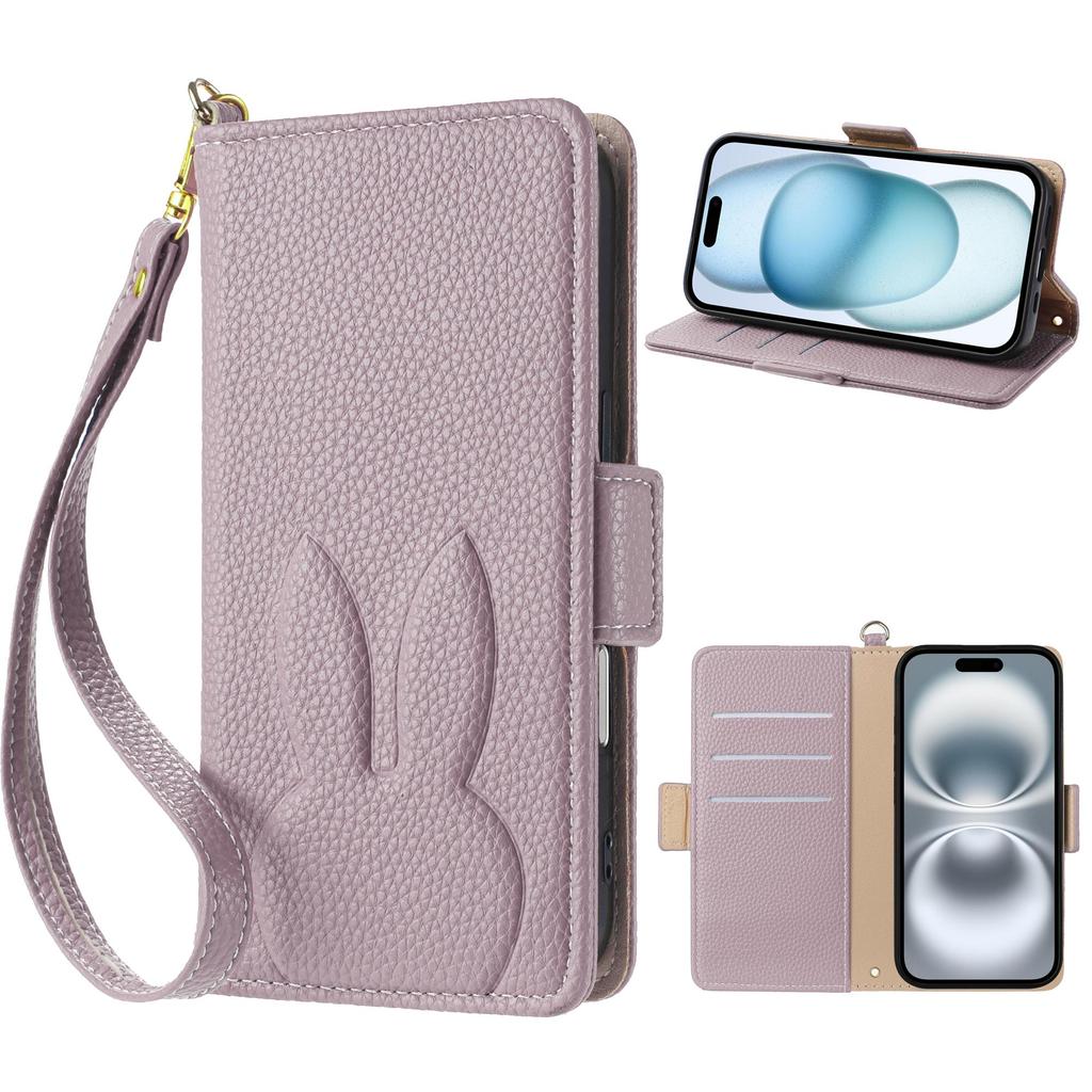 Carina custodia a portafoglio in pelle con coniglio e fiore 3D, supporto per telefono, per iPhone 17 Air 16 15 PM 14 13 12 11 Pro Max XR XS SE 16e 6 7 8 Plus, slot per schede, cover a libro