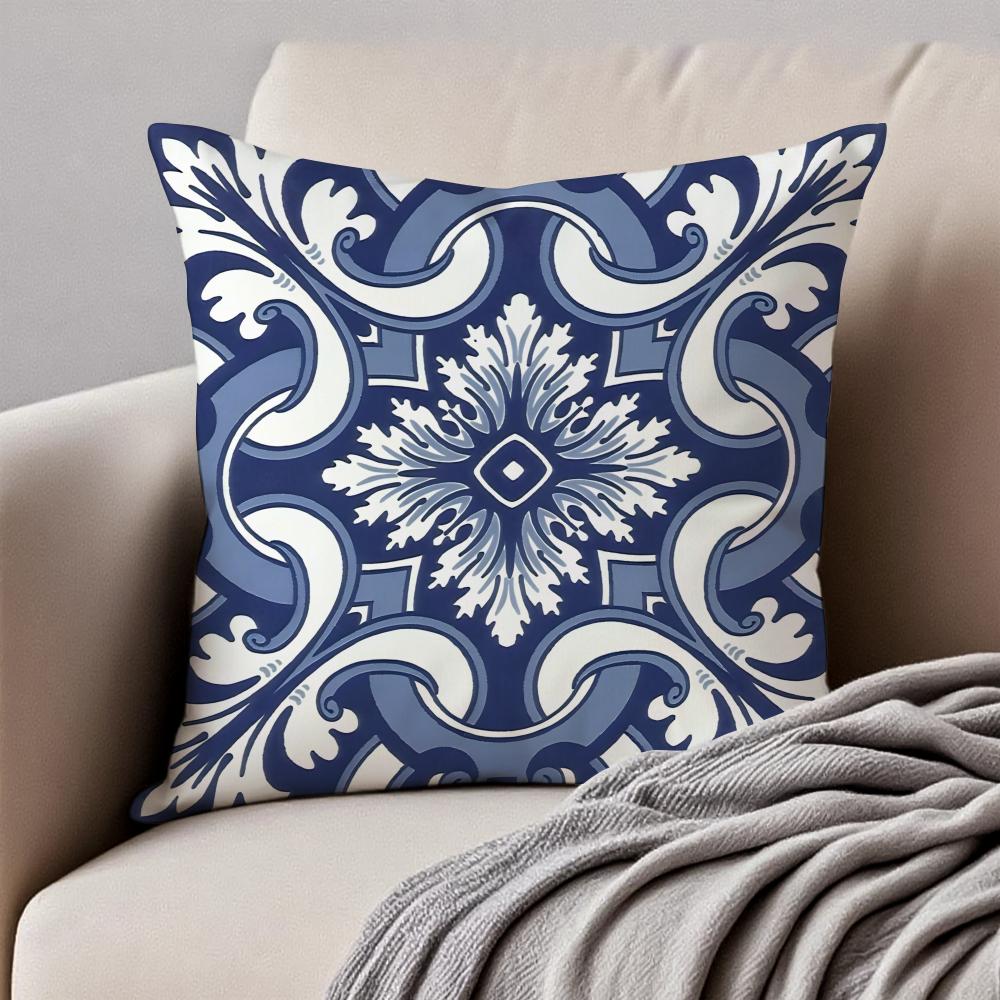 Fashion Blue Tiles Luxury Icon Cushion Cover Pillowcase Antidustmite Invisible Zipper Short Plush Sofa Cushion