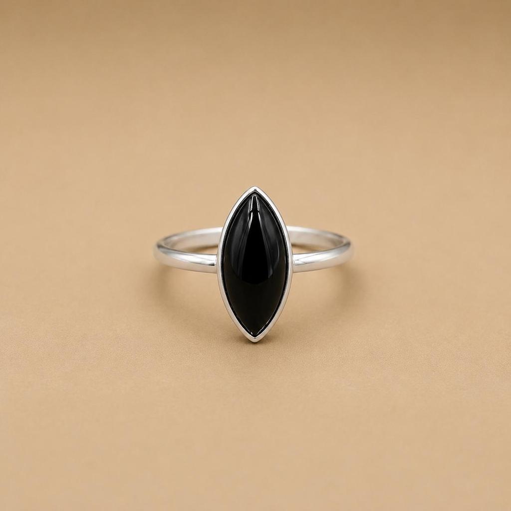 Black Onyx Marquise Statement Ring – 925 Sterling Silver Minimalist Gemstone Ring