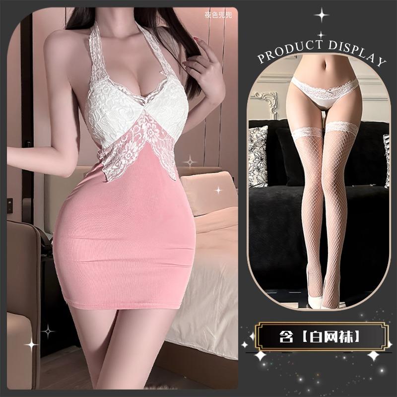 Chaomu Erotic Underwear Temperament Sexy Pure Desire Low Neck Hip Skirt Suspender Dress Lace Splicing Qqny