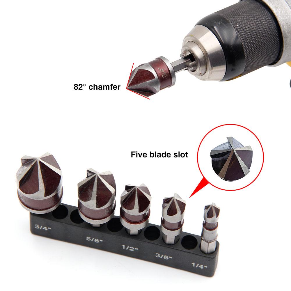 5PC Hexagonal Shank British Five Edge Red Chamferer 1/4-3/4 Countersink Drill Deburring and Hole Opening Tool