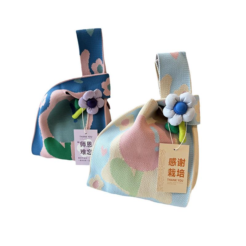 Handmade Knit Handbag Women Mini Knot Wrist-Bag Female Casual Color Wide Stripe Plaid Tote Bag Student Reusable Shopping Bag