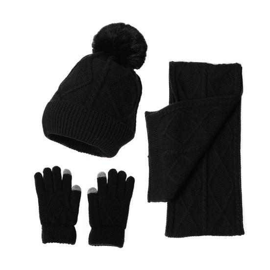 3Pcs/Set Women Winter Hat Scarf Gloves Set Plush Ball Decor Rhombus Texture Knitting Hat