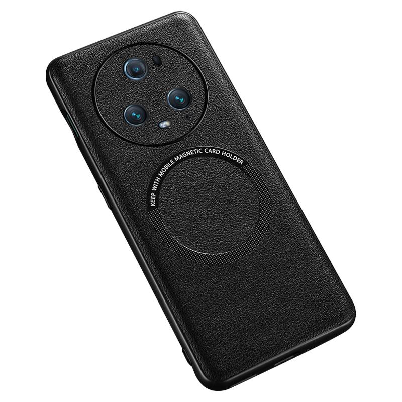 

Back Case for Honor Magic5 Pro PU Leather Coated TPU+PC Phone Cover Compatible with MagSafe Charger Black