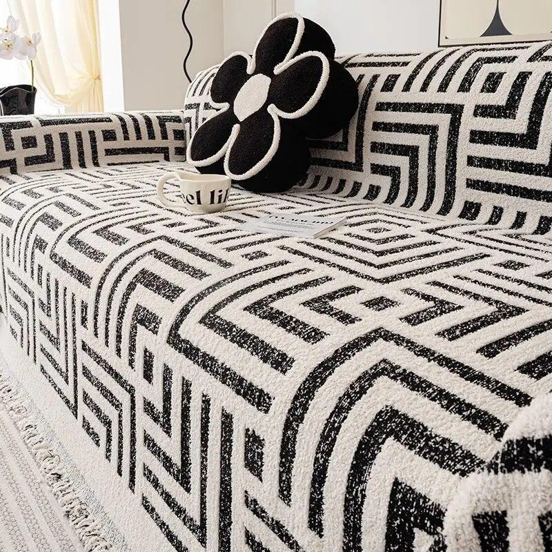 Sofabezug mit nordischem Quasten-Muster und geometrischem Muster, Chenille, universeller Couchbezug für alle vier Jahreszeiten, rutschfeste Überwurfdecke, modernes Sofatuch