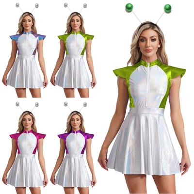 Kadın Uzaylı Cosplay Elbisesi Simli Kısa Kollu Kıyafet Uzay Temalı Parti Kostümü
