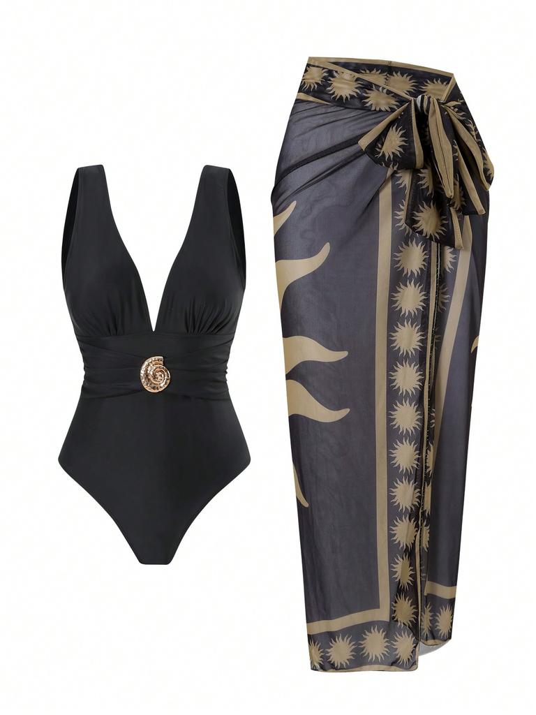 Deep Brown One-Piece Swimsuit with Sheer Wrap Skirt, V-Neck, Bow Detail