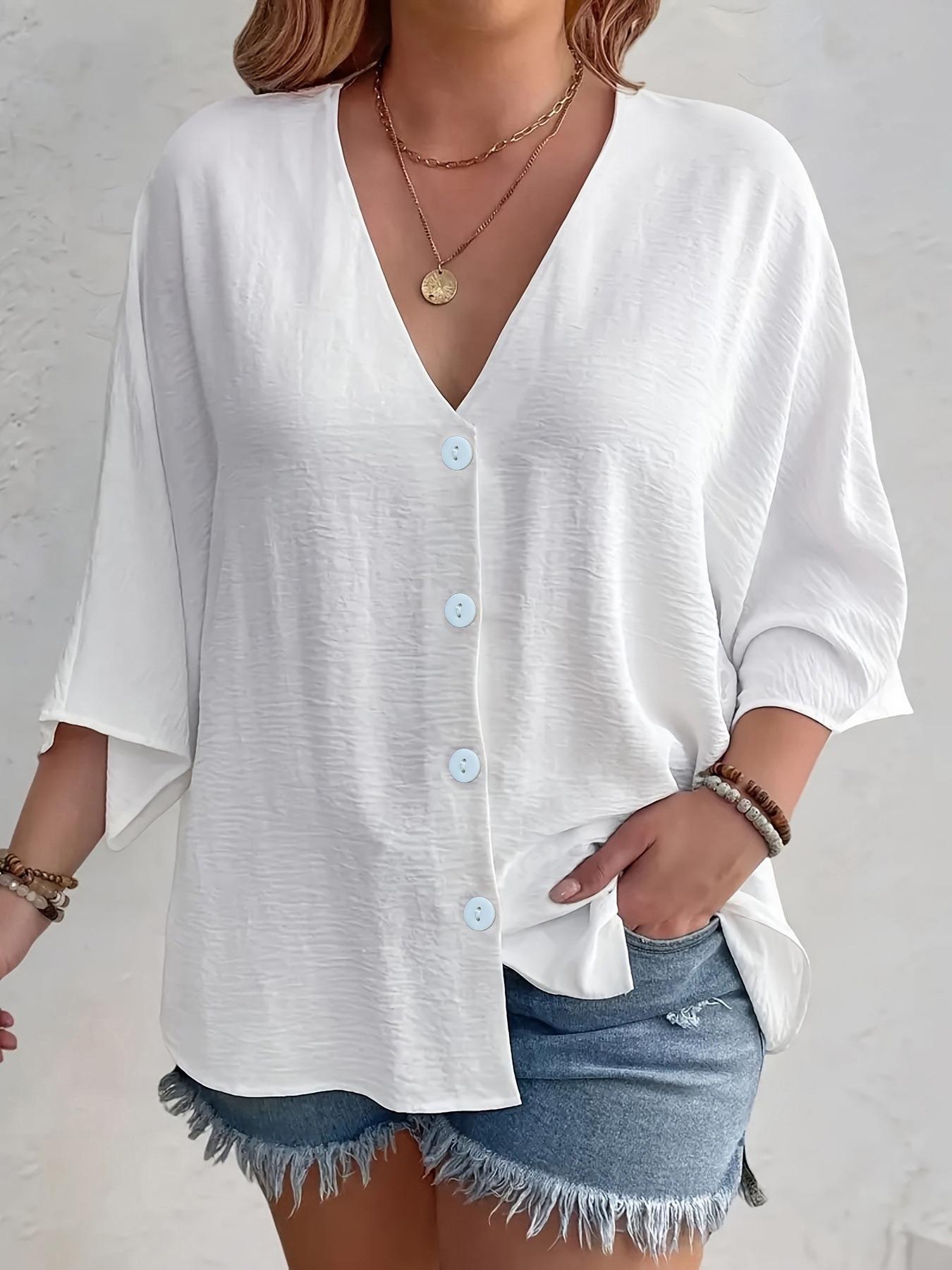 

Spring/Autumn 2026 Women s V-neck Ice Silk Wrinkled Cardigan, Solid Color, Three-Quarter Sleeve, Loose Fit 3X-Large белый