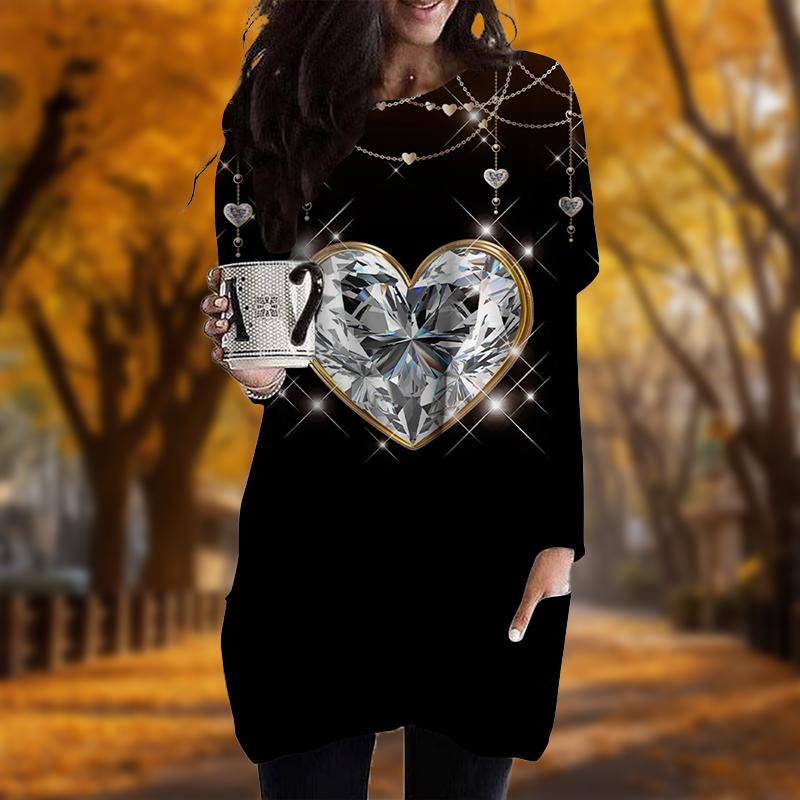 

Новинка осени Diamond Love Print Plus Size Dress Women O neck Long Sleeves Casual Pocket Dresses 5XL золотой