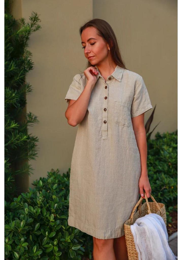 2022 European & American Style Cotton Linen Shirt Dress with Pockets and Buttons