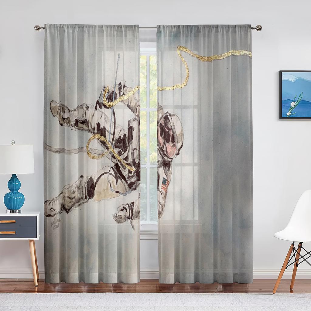 Floating Astronaut In Space Nebula Tulle Curtains for Living Room Bedroom Kitchen Decor Sheer Voile Curtains Window Treatment